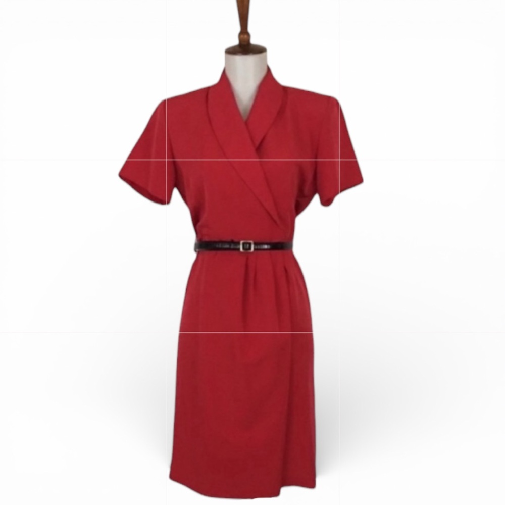 80s 90s Red Dress Women’s 2P Petite Short Sleeve Crossover V-Neck Faux Wrap Midi